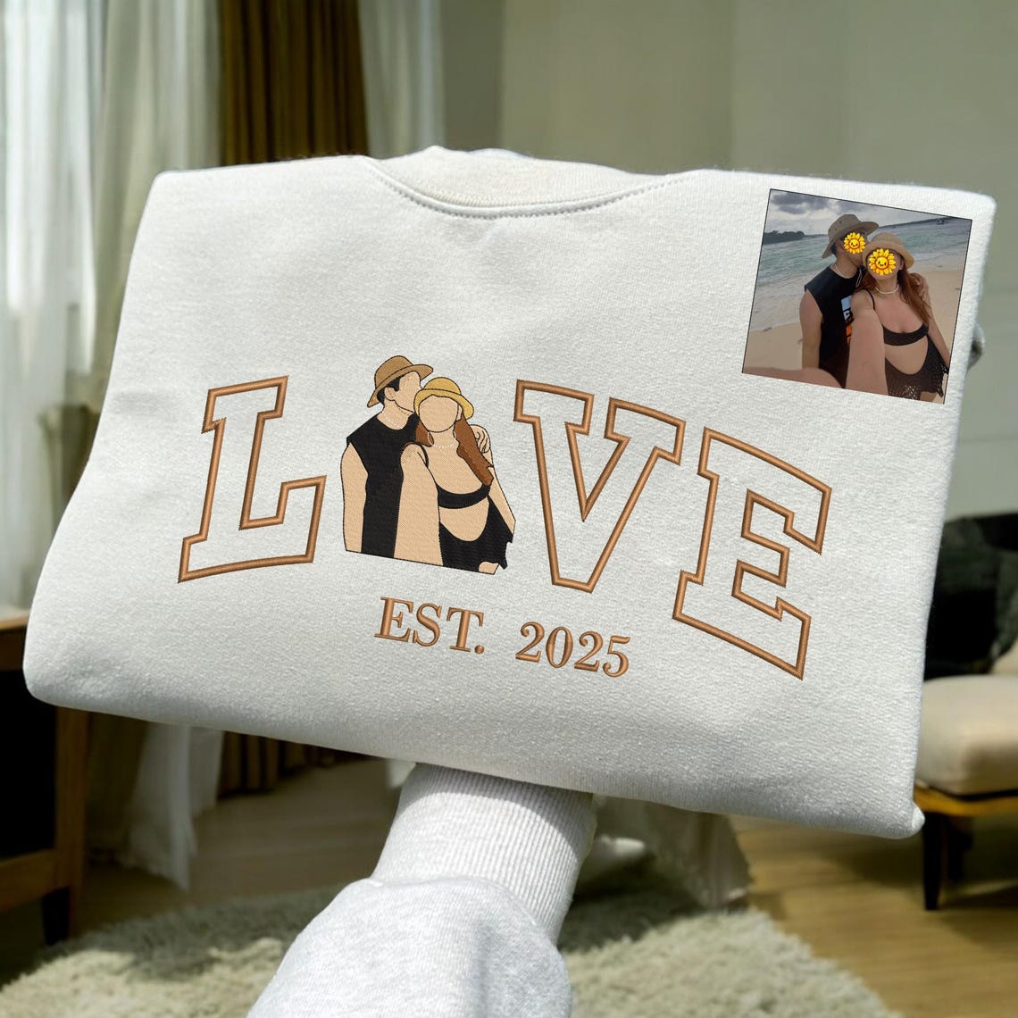 Loversdovey Personalized Embroidered Photo Couple LOVE Est Year Crewneck/Hoodie/T-shirt