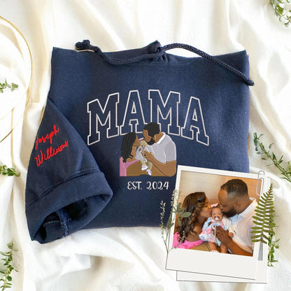 Mum Sweatshirt with Photo, Custom Embroidered Varsity Shirt with Portrait from Photo, Family Portrait