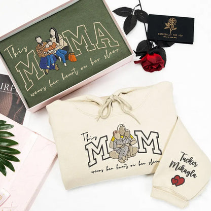 Mom Wears Her Heart on Her Sleeves - Custom Thread Mama Sweatshirt with Photo Gift for Mom