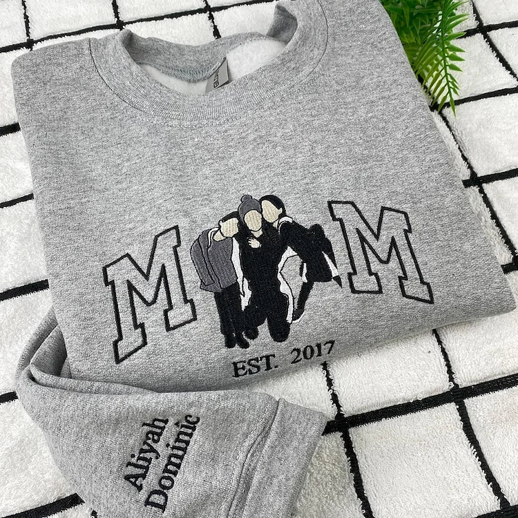Mama Sweatshirt with Photo, Custom Embroidered Hoodie Mama and Kids Portrait, Varsity Shirt