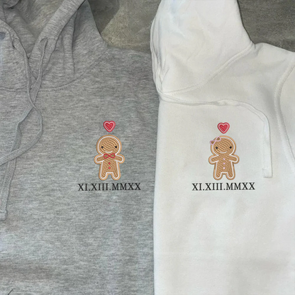 Custom Embroidered Cookie Cute Gingerbread Christmas Roman Numeral Date Hoodies For Couples | Couple Christmas Gift