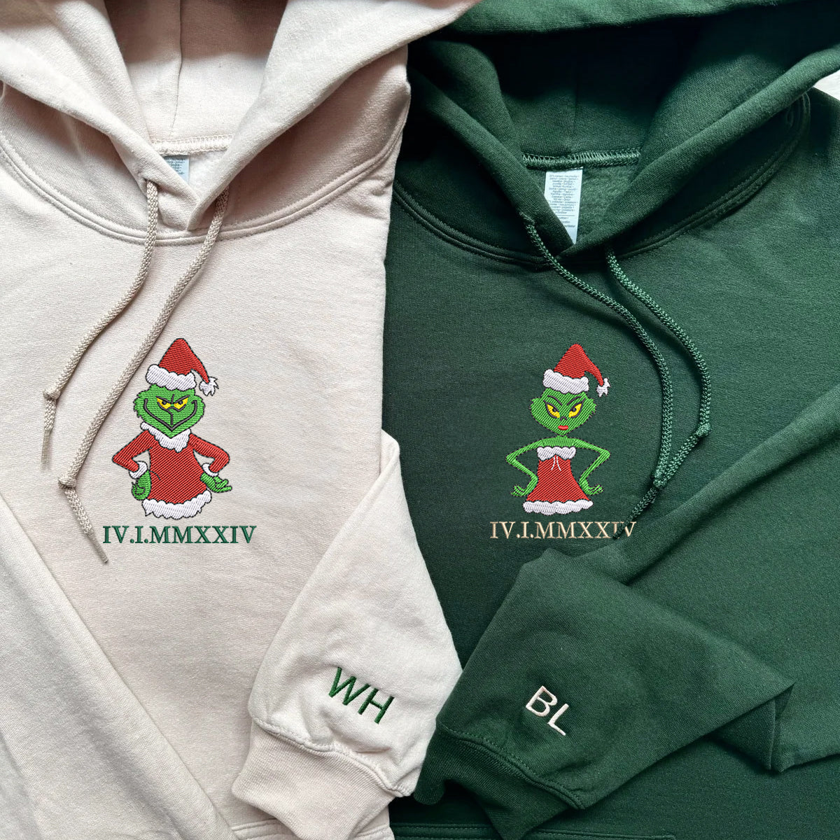 Custom Embroidered Christmas Green Cartoon Couples Roman Numeral Hoodies For Couples | Couple Anniversary Gift