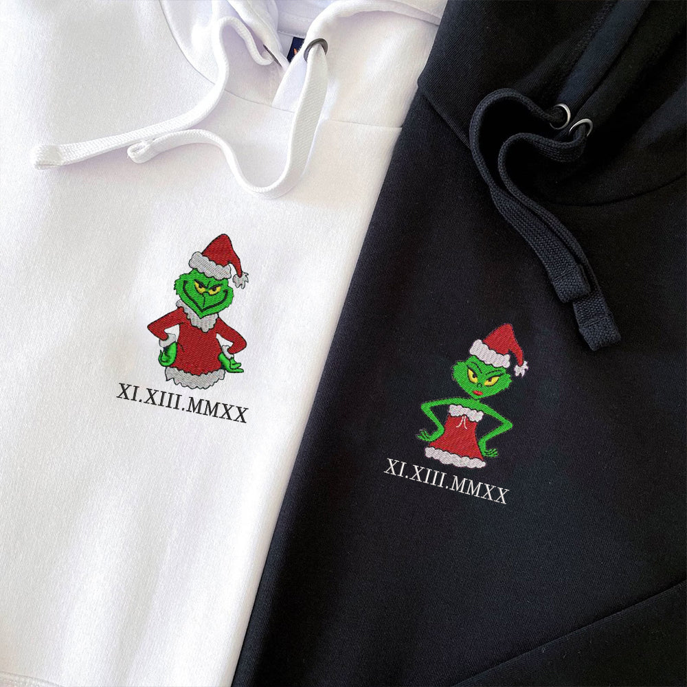 Custom Embroidered Christmas Green Cartoon Couples Roman Numeral Hoodies For Couples | Couple Anniversary Gift