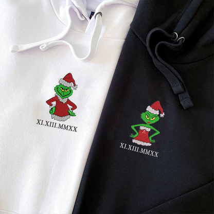 Custom Embroidered Christmas Green Cartoon Couples Roman Numeral Hoodies For Couples | Couple Anniversary Gift