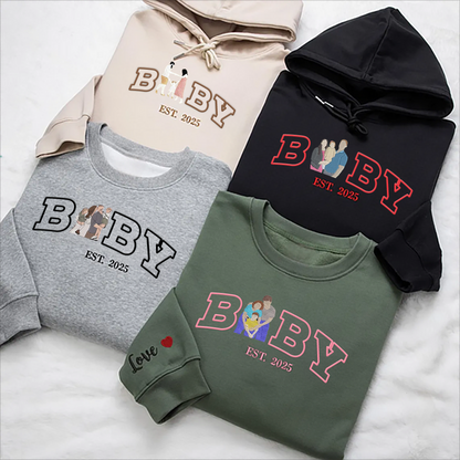 Custom Baby Embroidered Family Portrait Sweater, Personalised Photo & EST Year Sweatshirt, Gifts for Family
