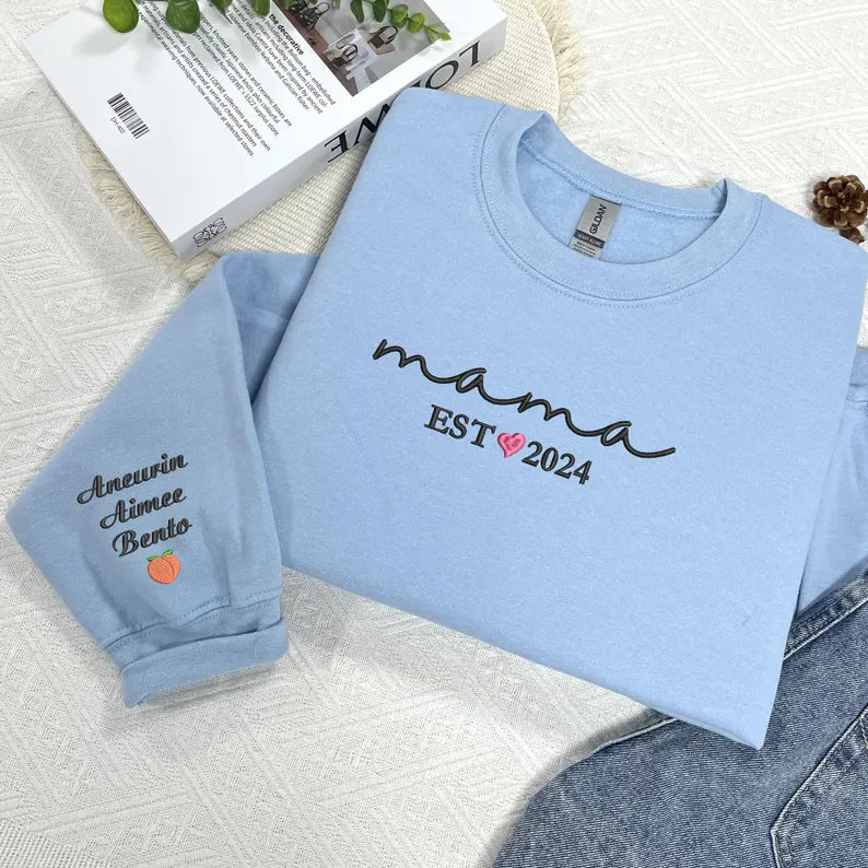 Custom Embroidered Mama Sweatshirt with Kid Names - Personalized Mom Hoodie With Names - New Mama Outfit - Pregnancy Announcement Clothing