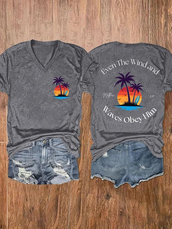 Women's Casual Western Christian Faith Bible Verse Double-Sided Printed V-Neck Short Sleeve T-Shirt