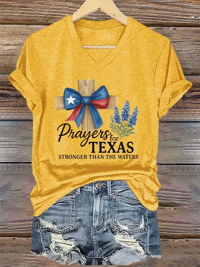 V-Neck Retro Texas Strong Prayers For Texas Stronger Than The Waters Print T-Shirt
