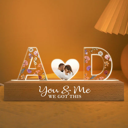 Couple Initials Floral Theme Photo Inserted Personalized Acrylic Block LED Night Light