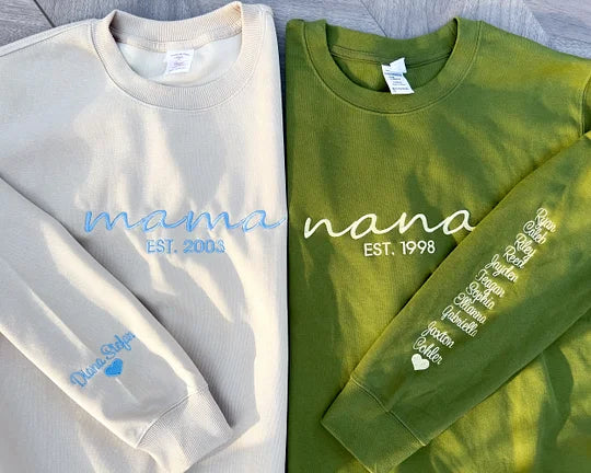 Custom Embroidered Mama/Nana Sweatshirt with Kids Names on Sleeve