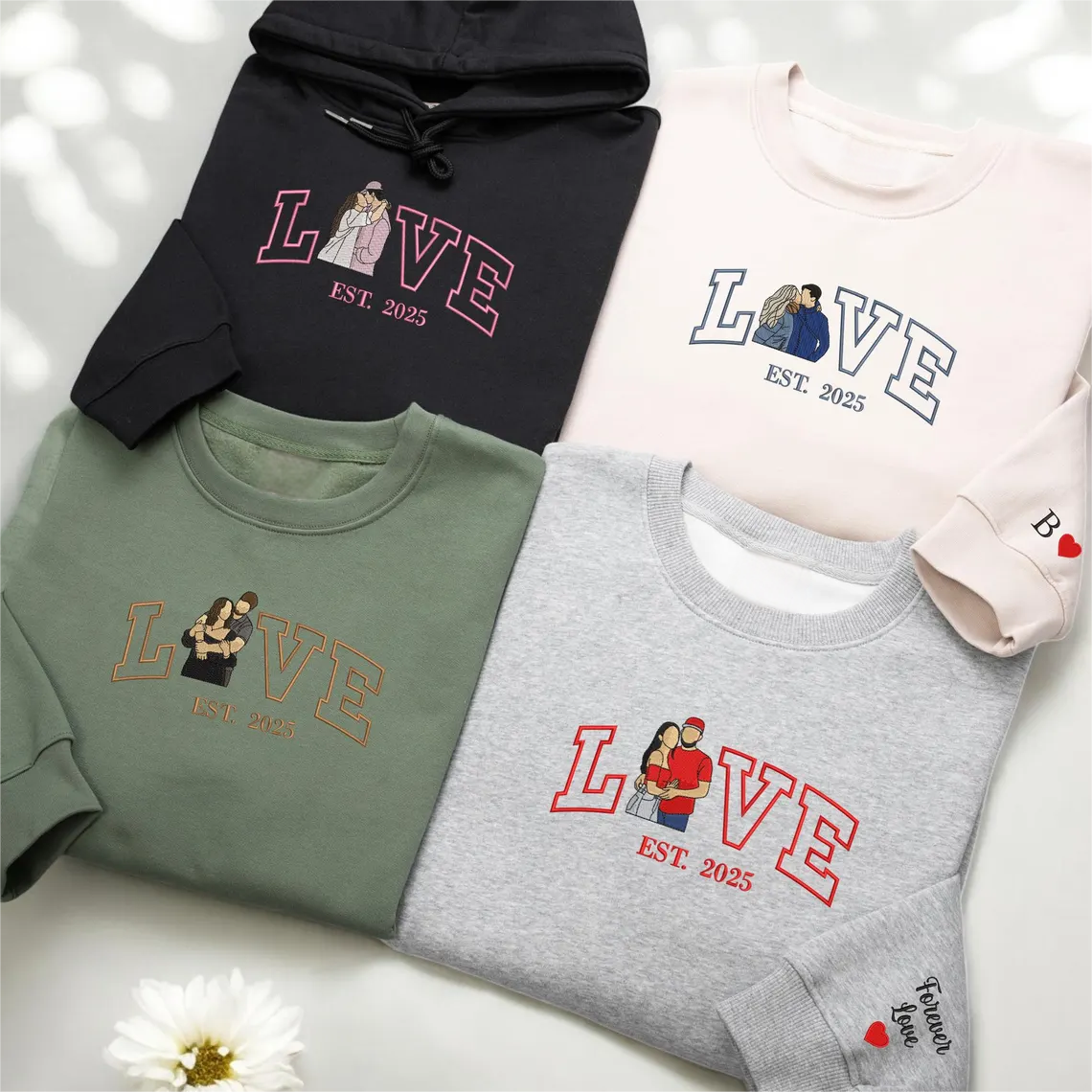 Loversdovey Personalized Embroidered Photo Couple LOVE Est Year Crewneck/Hoodie/T-shirt