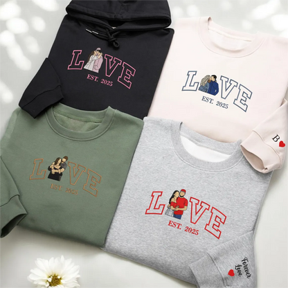 Loversdovey Personalized Embroidered Photo Couple LOVE Est Year Crewneck/Hoodie/T-shirt
