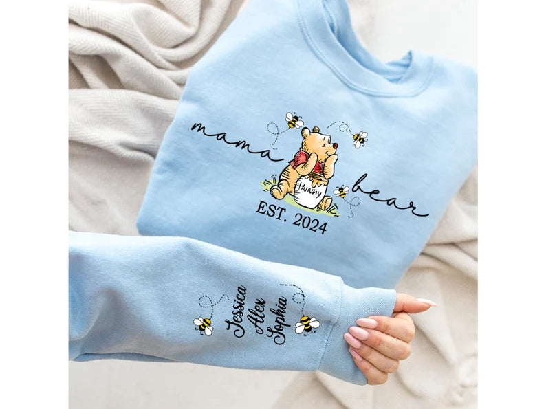 Custom Mama Bear Sweatshirt,Mama Est with Kids Name on Sleeve Sweatshirt, Personalized Mom Sweatshirt, Nana, Grandma, Gigi,Mothers Day Shirt