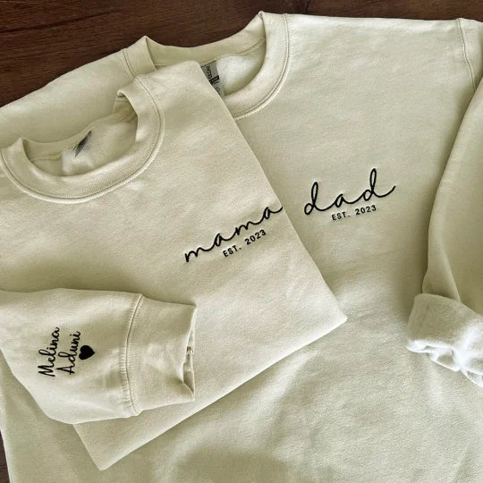Custom Mama Dad Embroidered Sweatshirt With Names On Sleeve