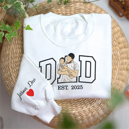Custom Dada Portrait Embroidered Sweatshirt with Kids' Names on Sleeve – Father's Day Gift