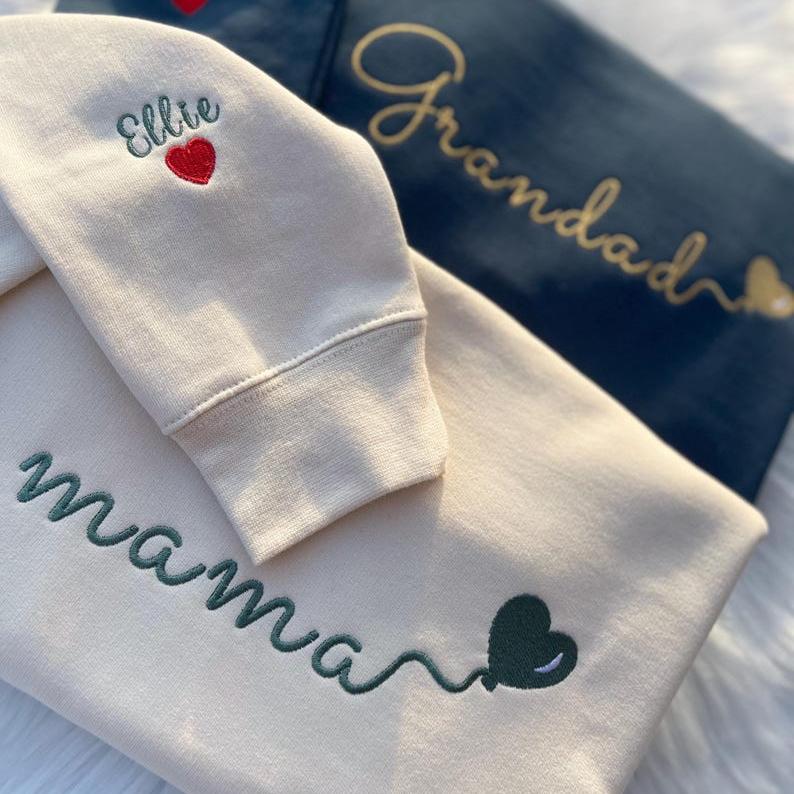 Custom Embroidered Mama Sweatshirt with Kids Name on Sleeve