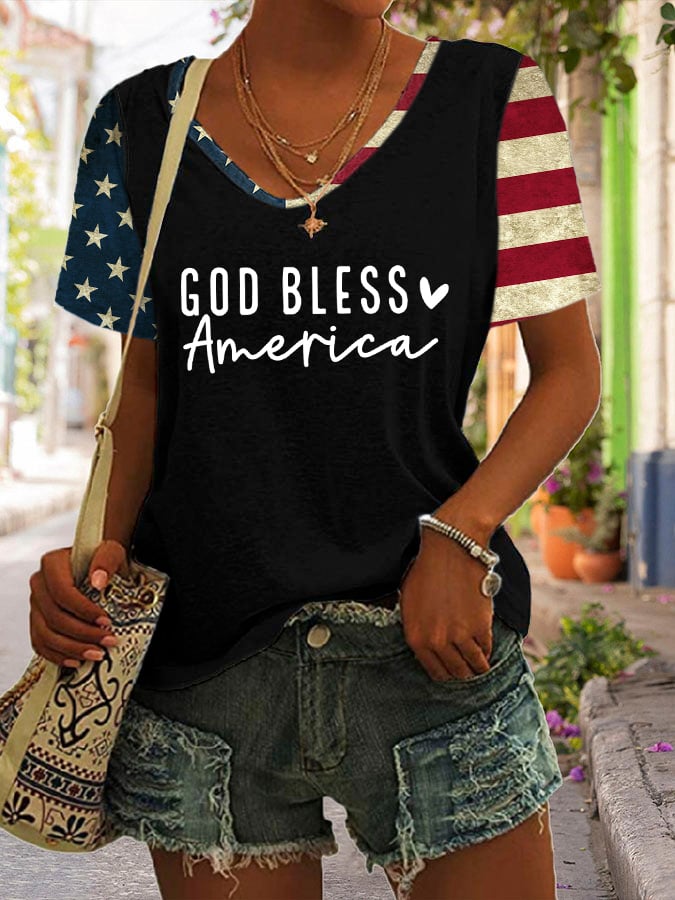 Women's Flag God Bless America Print Casual T-Shirt