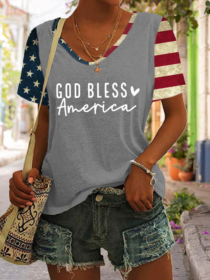 Women's Flag God Bless America Print Casual T-Shirt