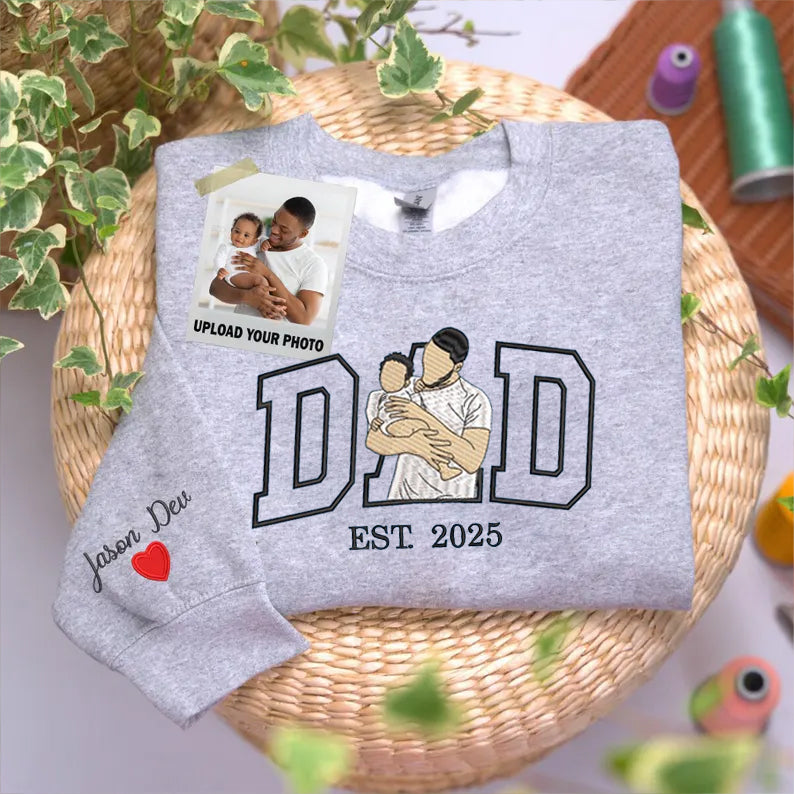 Custom Dada Portrait Embroidered Sweatshirt with Kids' Names on Sleeve – Father's Day Gift