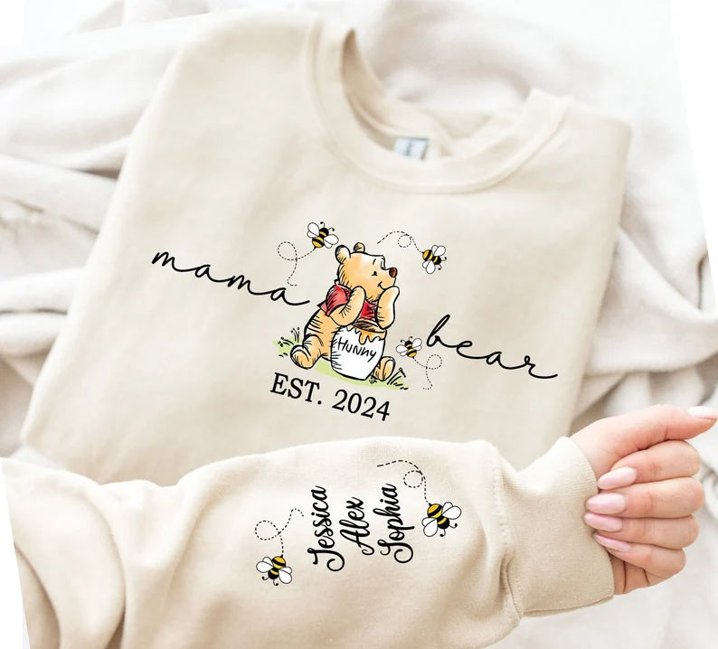 Custom Mama Bear Sweatshirt,Mama Est with Kids Name on Sleeve Sweatshirt, Personalized Mom Sweatshirt, Nana, Grandma, Gigi,Mothers Day Shirt