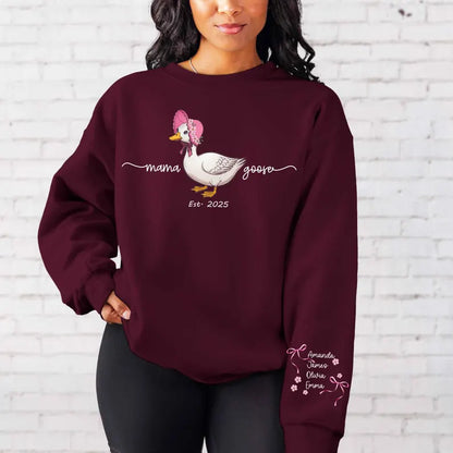 Custom Mama Goose Est 2025 Sweatshirt,Mama With Kid Name on Sleeve Sweater Mother's Day Sweater Cute Mama Goose Coquette Sweat Gift for Moms