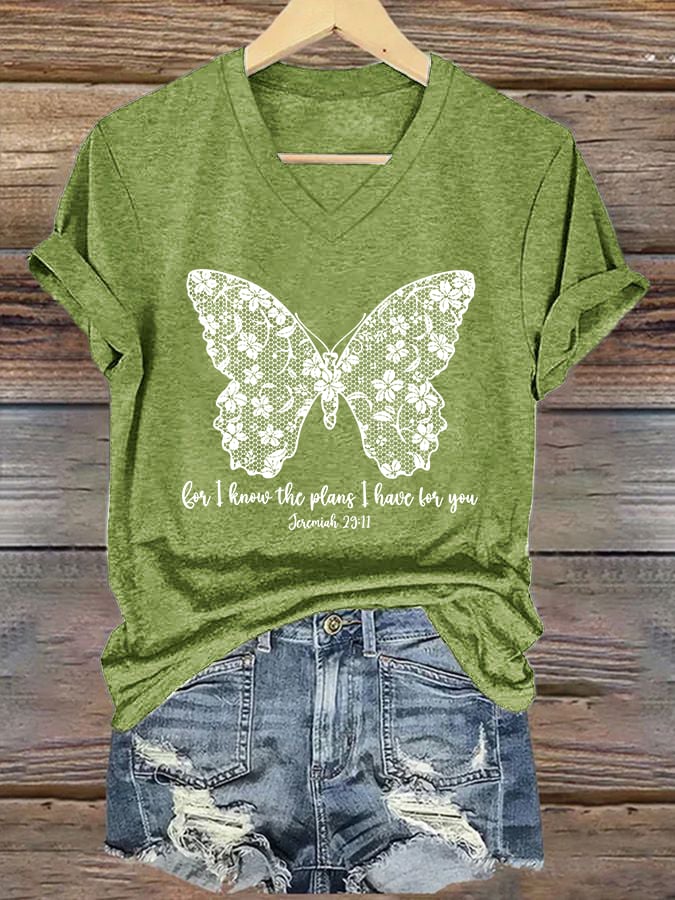 Women'S Casual I Know I Am For You Jeremiah 29:11 Cute Butterfly Christian Graphic Print Short Sleeve V Neck T-Shirt