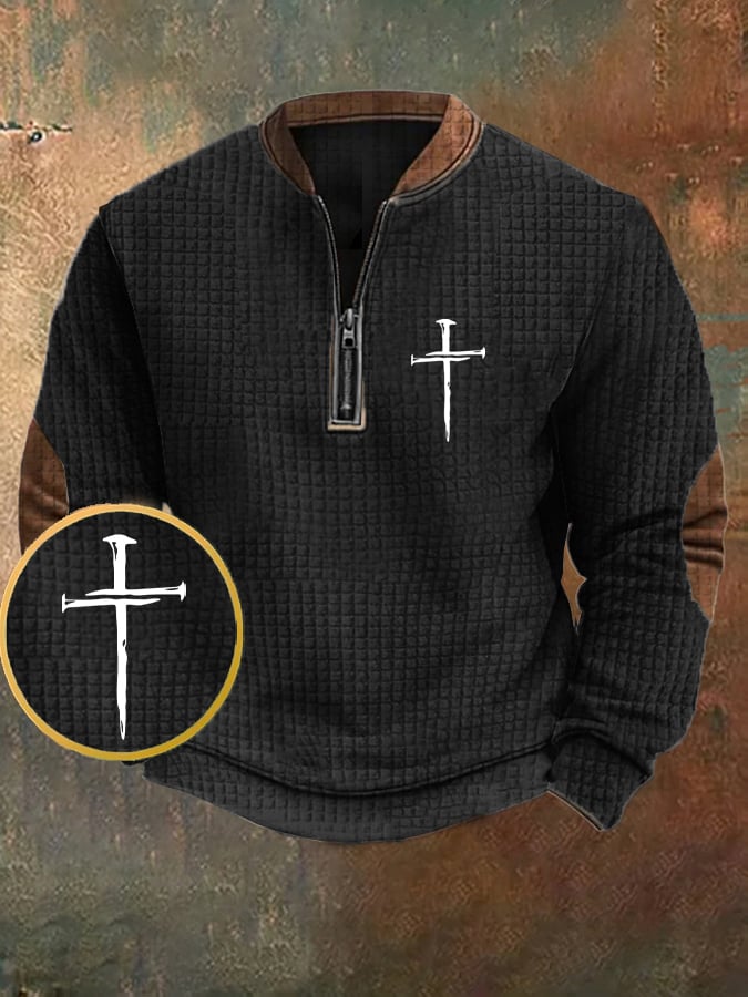 Men's Vintage Faith Cross Design Printed Zipper Collar Square Jacquard Sweatshirt