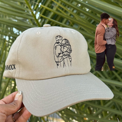 Line Art Portrait Embroidered with Roman Numerals Date on Dad Hat