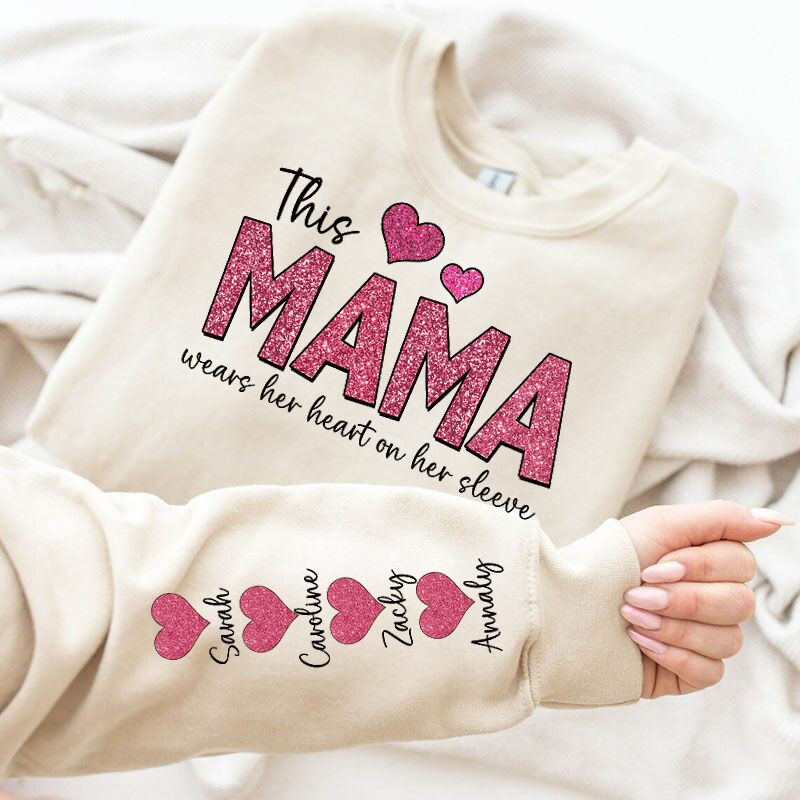 Personalized Sweatshirt This Mama Wears Her Heart On Her Sleeve Custom Glitter Design Exquisite Mother's Day Gift