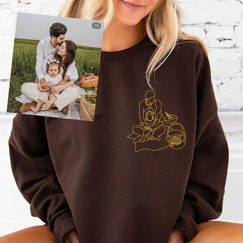 Custom Photo Embroidered Multi Color Sweatshirt, Custom Portrait From Photo Outline Photo Sweatshirt, Family Line Art Sweater, Gift for Mom
