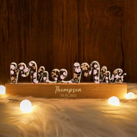 Mr & Mrs Wedding Anniversary Valentine's Day Gift for her & for him, Custom Flower Printed LED Night Light