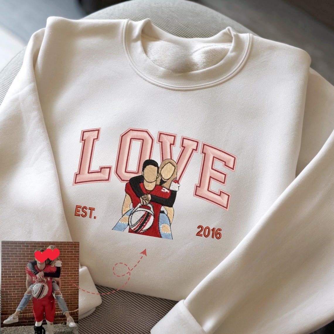 Loversdovey Personalized Embroidered Photo Couple LOVE Est Year Valentines Matching Couple Gift