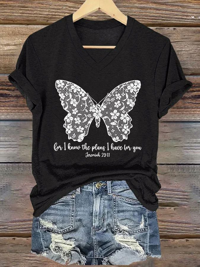 Women'S Casual I Know I Am For You Jeremiah 29:11 Cute Butterfly Christian Graphic Print Short Sleeve V Neck T-Shirt