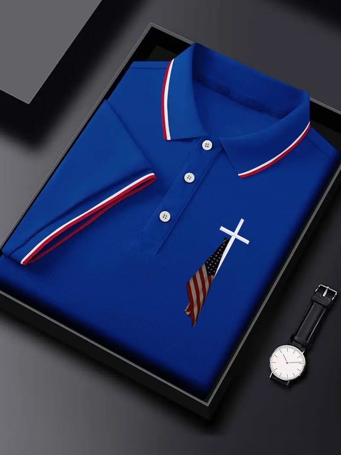Men's  Flag Cross Print Polo Shirt