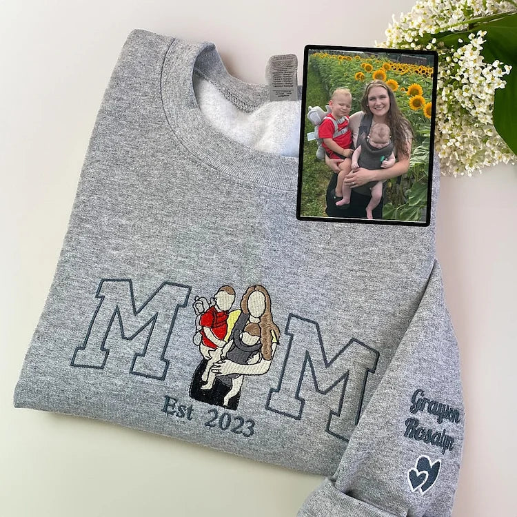 Mama Sweatshirt with Photo, Custom Embroidered Hoodie Mama and Kids Portrait, Varsity Shirt