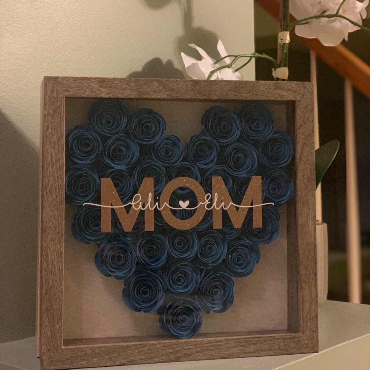 Handmade Heart Flower Mom Shadow Box with Kids Names