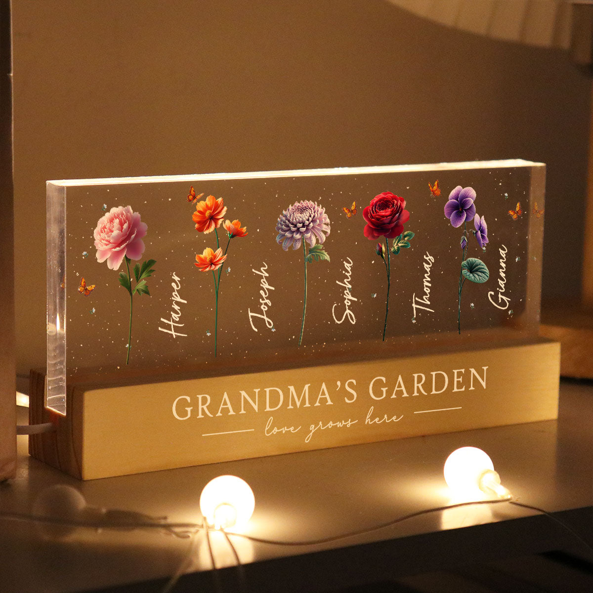 Grandma's Garden 3D Effect Birth Month Flowers Personalized Acrylic Block LED Night Light, Mother's Day Gift For Grandma, Mom