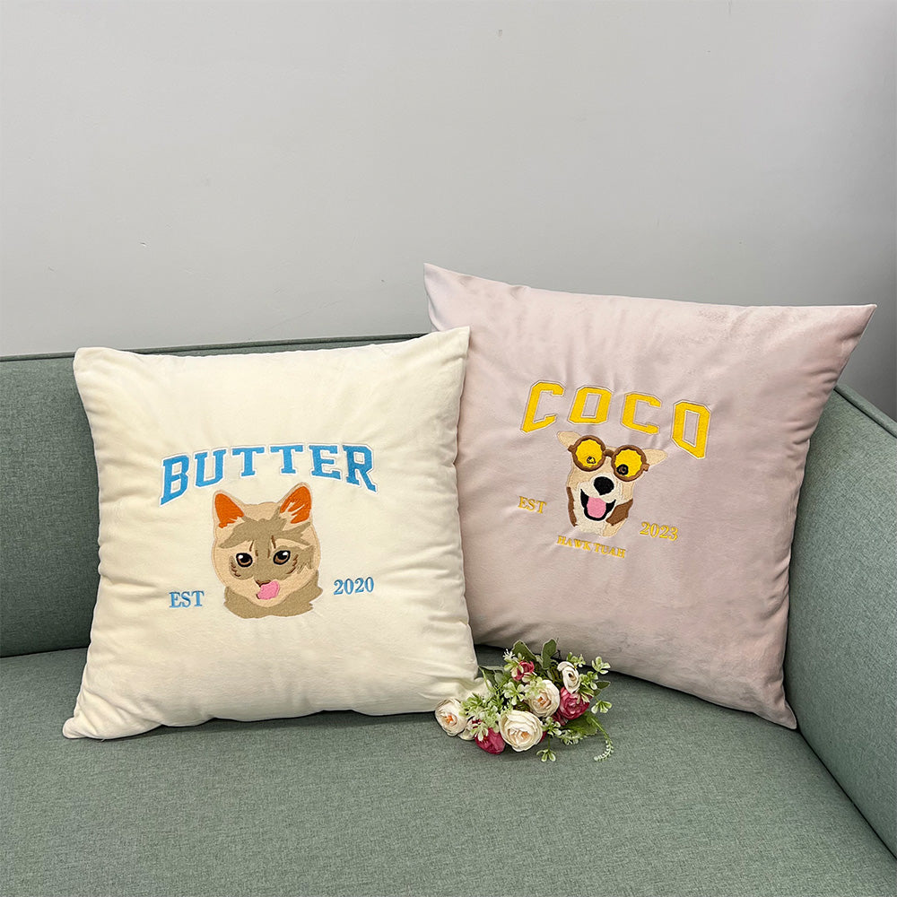 Custom Embroidered Pet Portrait Pillow Cushion With Pet Name, Pet Lover Gift