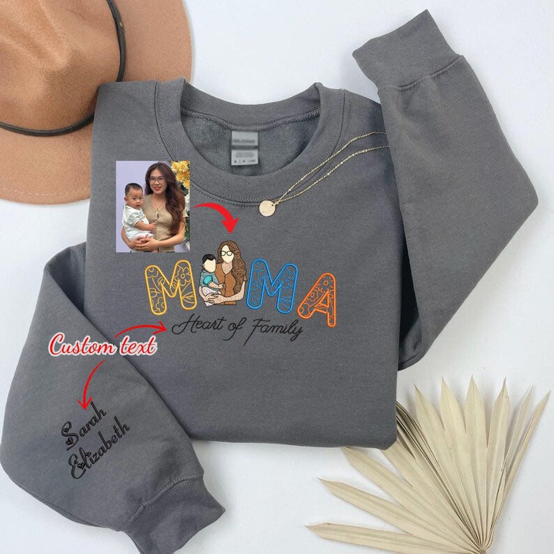 Embroidered Floral Mama Sweatshirt With Kids Names, Custom Portrait Photo Hoodie, Custom Shirt Gift For Mother