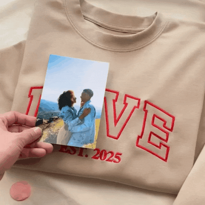 Loversdovey Personalized Embroidered Photo Couple LOVE Est Year Crewneck/Hoodie/T-shirt