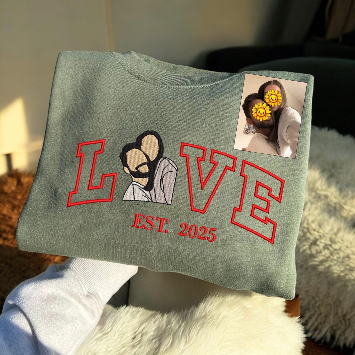 Loversdovey Personalized Embroidered Photo Couple LOVE Est Year Crewneck/Hoodie/T-shirt