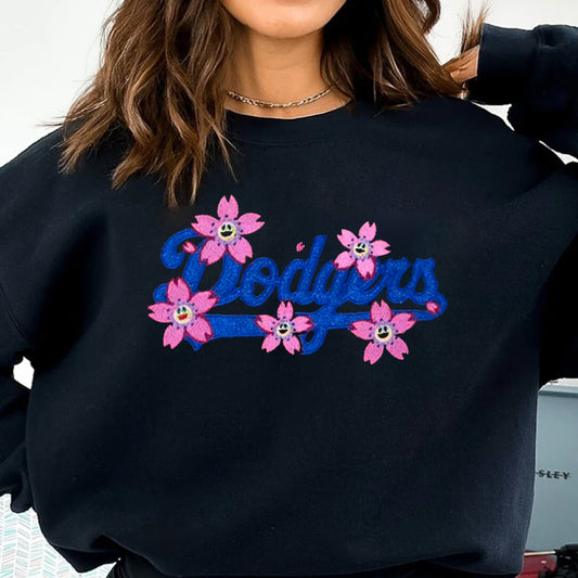 Custom Embroidered Glitter Baseball Team With Flower Sweatshirt