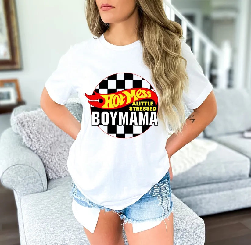 Custom Hot Mess A Little Stressed Boy Mama, Hot Wheels, Racecar Sweatshirt