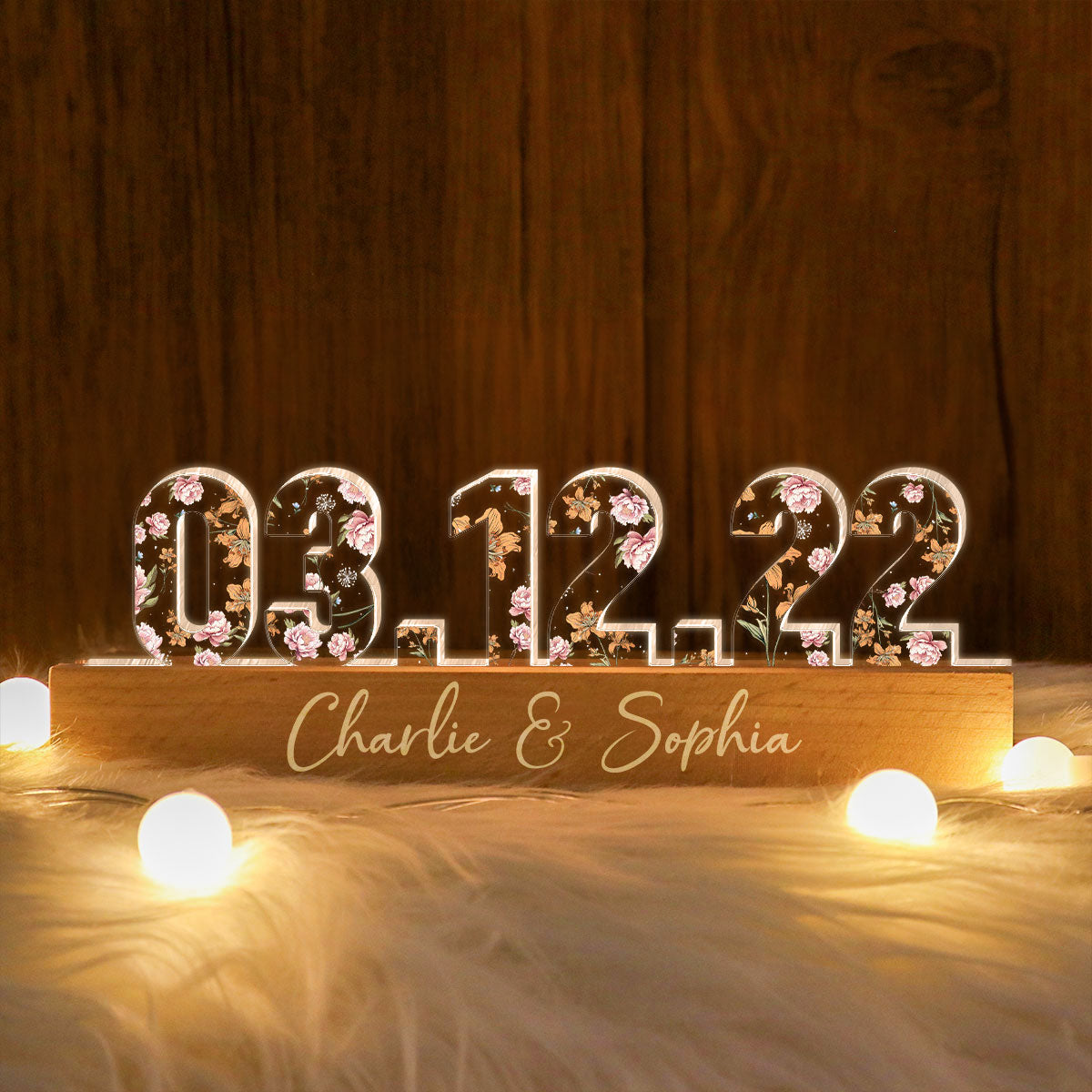 Couple Engagement Anniversary Date Custom Flower Printed LED Night Light, Valentine's Day Gift For Her, Gift For Him