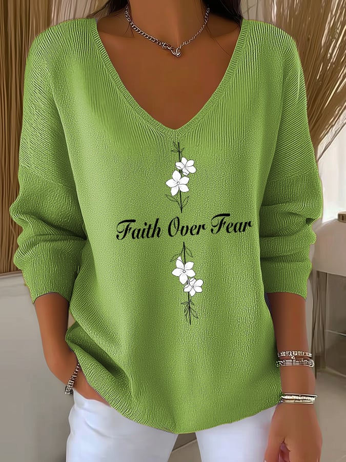 Women's Casual Faith Overcomes Fear Cross Knitted V-Neck Top