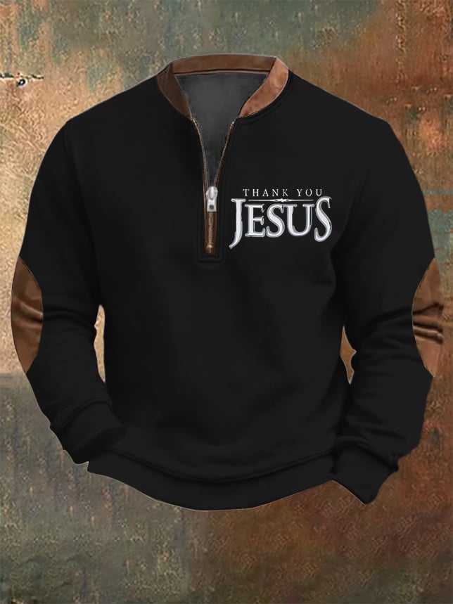 Men's Vintage Faith "Thank You Jesus" Printed Zip Collar Sweatshirt