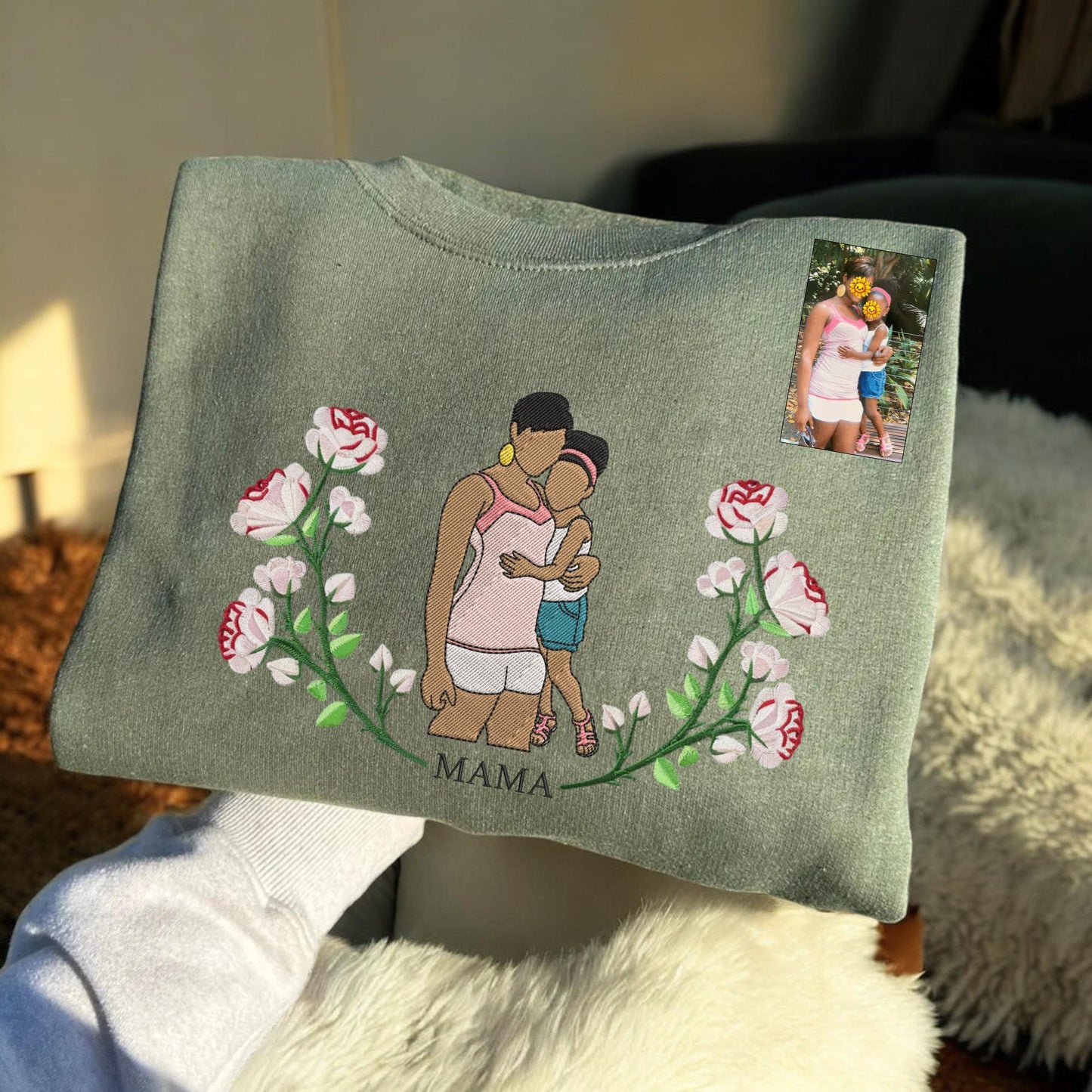 Mama Sweatshirt with Photo, Custom Embroidered Hoodie Mama and Kids Portrait