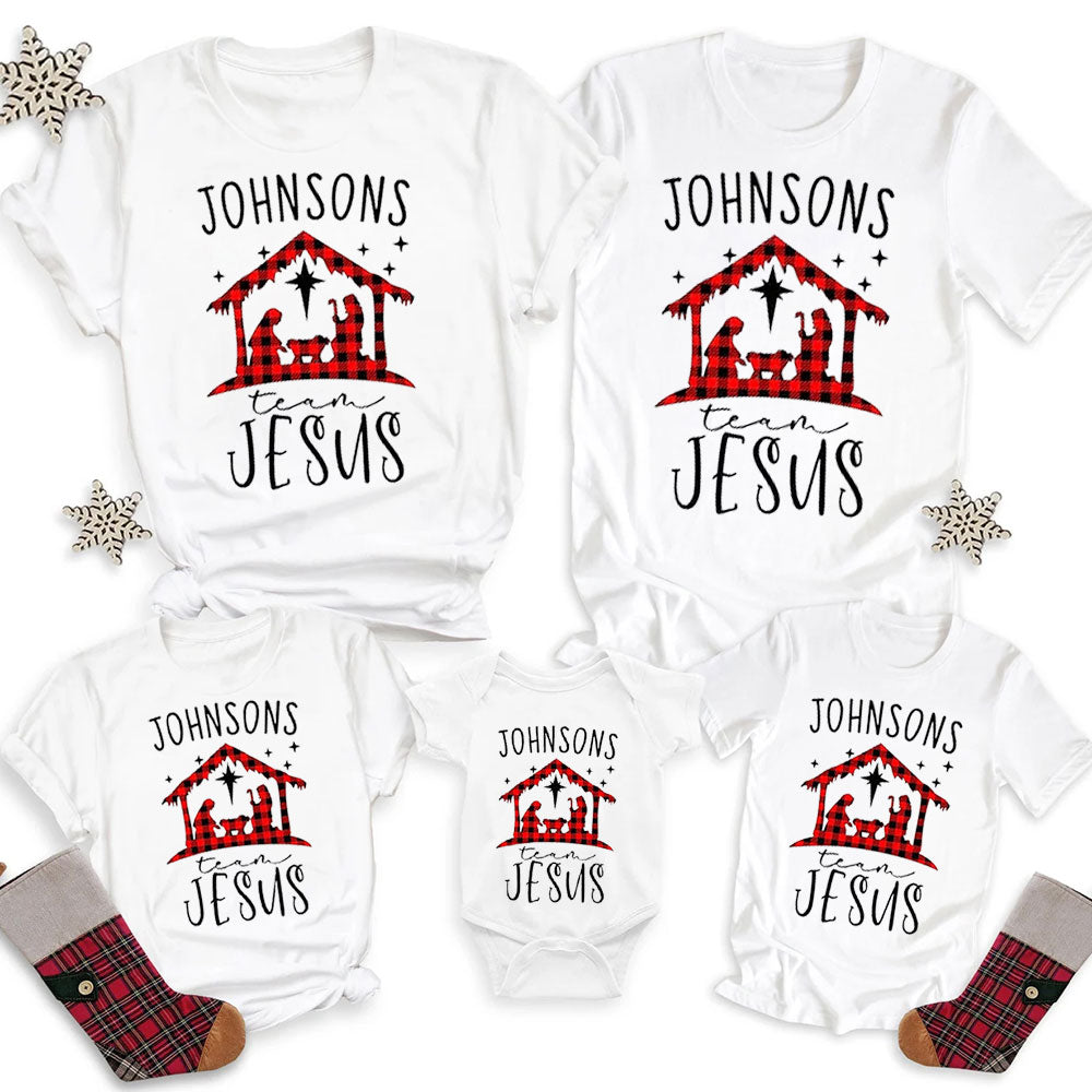 Personalized Buffalo Plaid Nativity Christmas Family Matching Christian T-Shirt