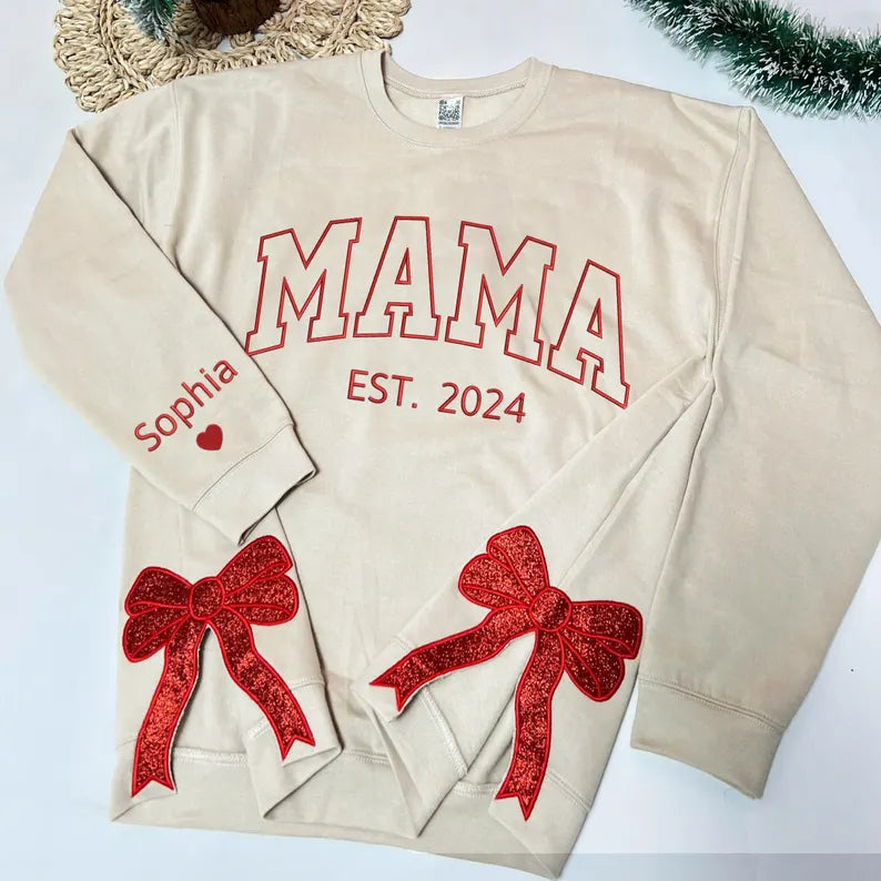 Personalized Mama Bow Embroidered Sweatshirt | Trendy Side Slit Bow Sweatshirt | Personalized Mama Sweatshirt | Mama Gifts
