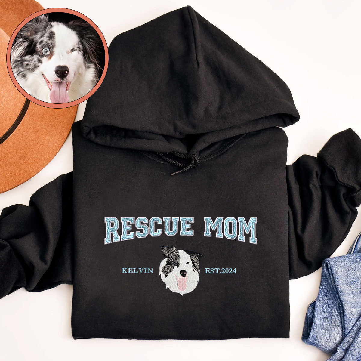 Custom Full-Color Varsity Rescue Mom Embroidered Hoodie | Gift For Pet Lovers